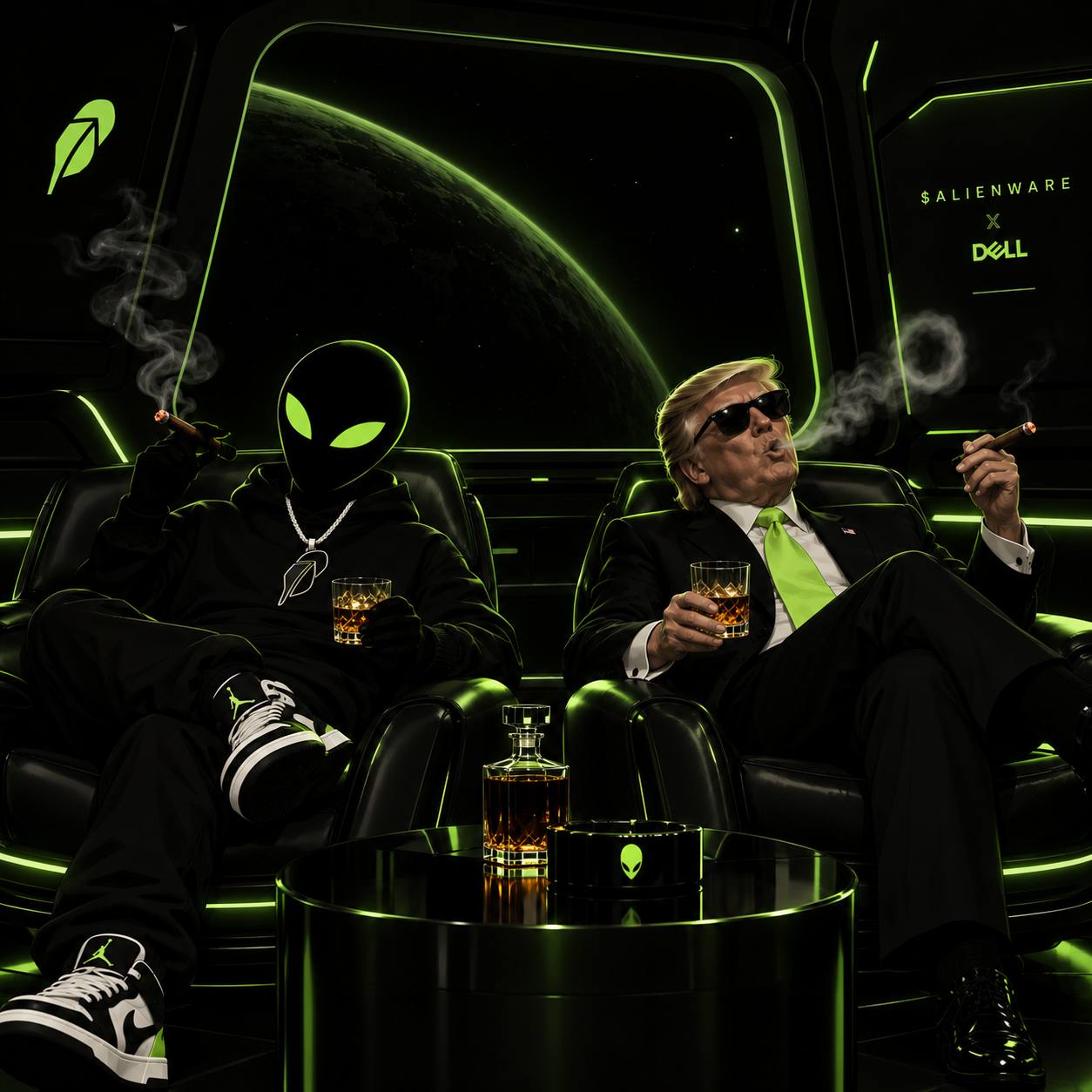 Satirical artwork of the alien and Donald Trump relaxing in a spaceship lounge