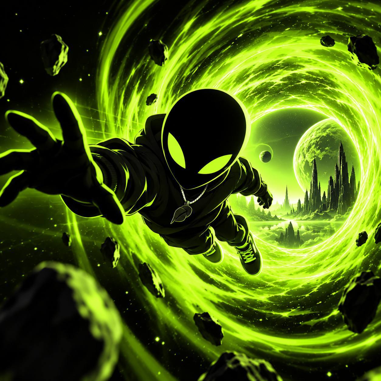 The streetwear alien flying out of a brilliant lime portal